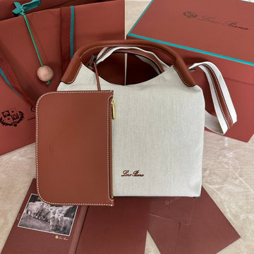 Large 36 Bale Bag In White Canvas And Chestnut Brown Calfskin