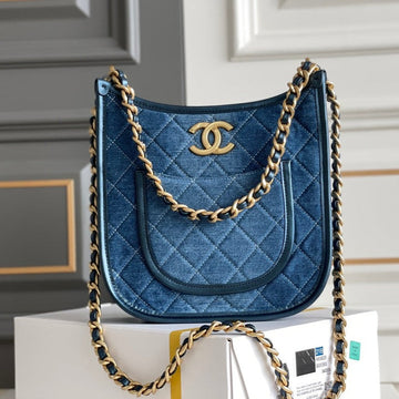 CC 24S 24CM Hobo Bag Blue Denim Gold Hardware