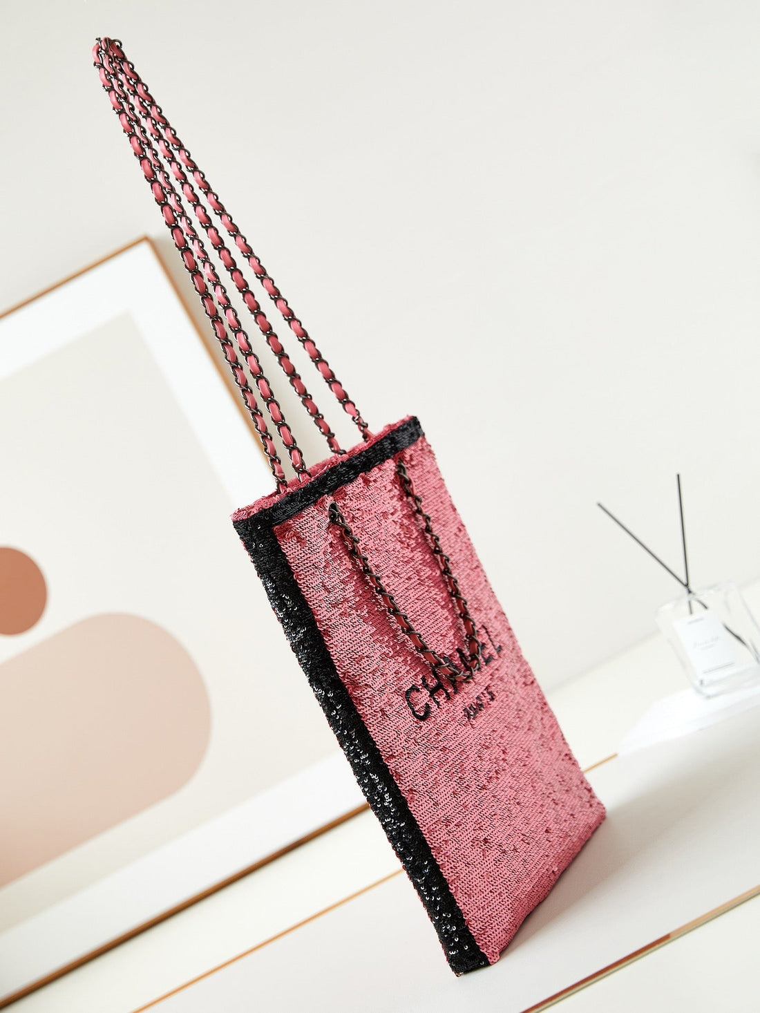 CC 24S31 Shopping Bag Dark Pink Black Sequins Black Hardware