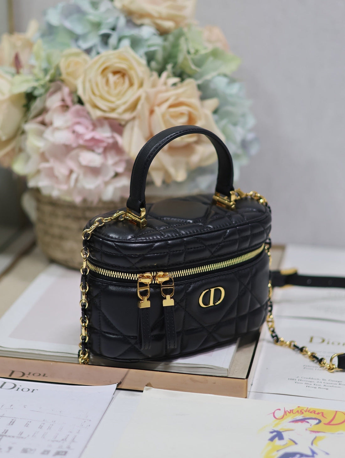 Caro 16 Mini Vanity Case In Black Macrocannage Lambskin