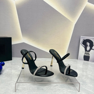 Sl Crystal Thin Belt High Heels Black Calfskin