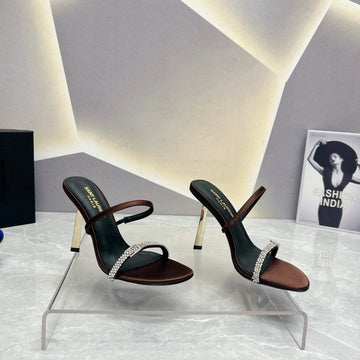 Sl Crystal Thin Belt High Heels Brown Satin