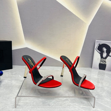 Sl Crystal Thin Belt High Heels Red Satin