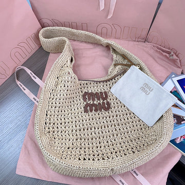 Miu Hobo Bag 31CM Beige Woven Fabric