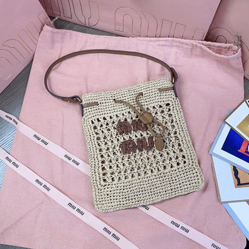 Miu Bucket Bag 20CM Beige Woven Fabric