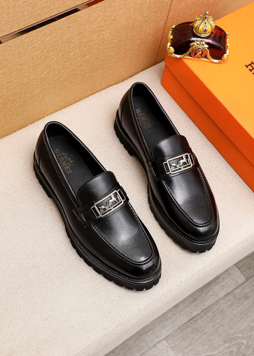 Hm Gold Buckle Faubourg Loafer Black Calfskin