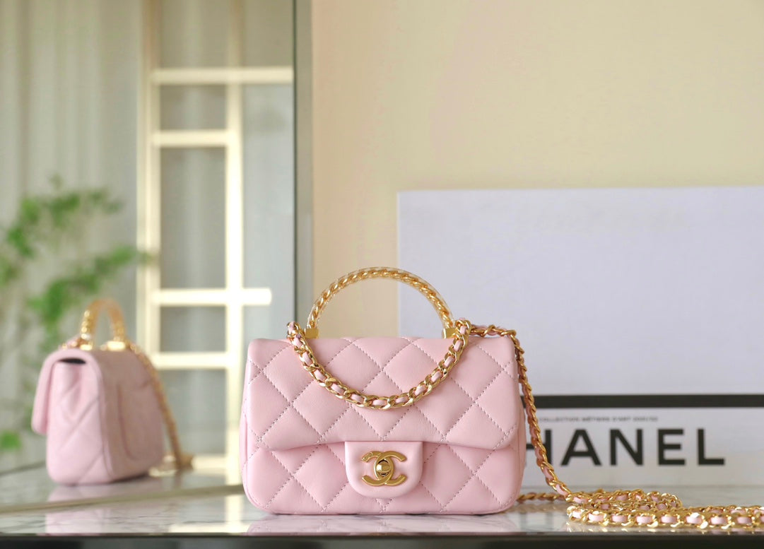 CC 24S Flap Bag 19CM Top Handle Pink Lambskin Gold Hardware