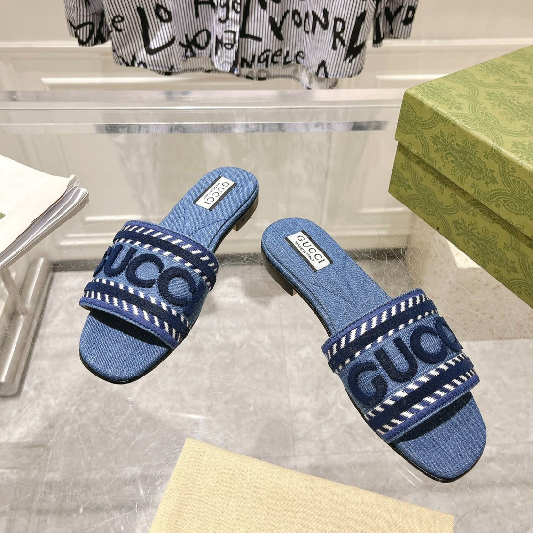 GG Interlocking Double G Hollow Slippers Neon Blue