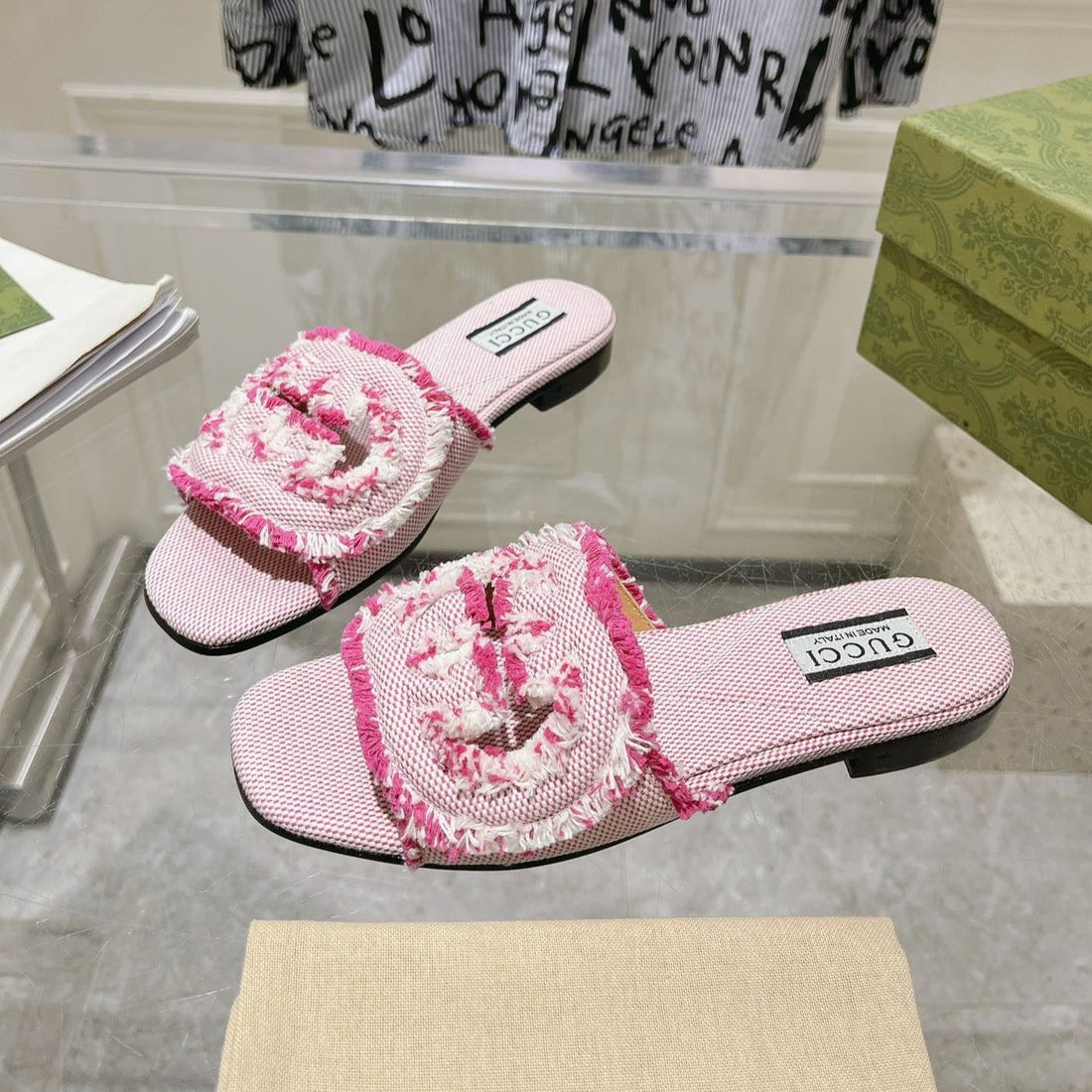 GG Interlocking Double G Hollow Slippers Neon Pink