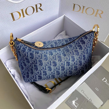 Diorstar 28 Hobo Bag With Chain Blue Denim Oblique Jacquard