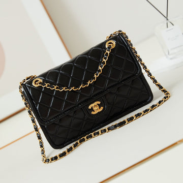 24S Medium Flap Bag 25CM Black Calfskin Gold Hardware