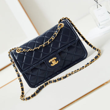 24S Small Flap Bag 23CM Dark Blue Calfskin Gold Hardware