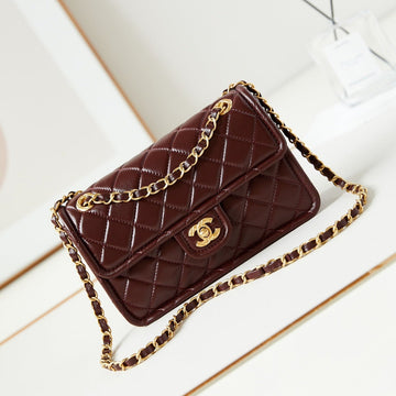 24S Small Flap Bag 23CM Burgundy Calfskin Gold Hardware