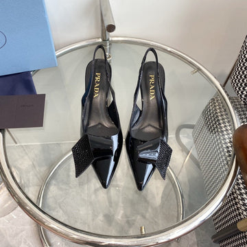 Pra Slingback Pumps Glossy Black Attached Bow Lambskin