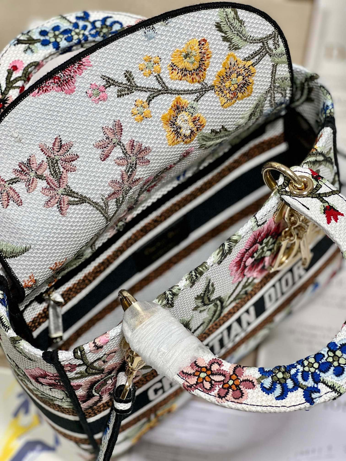 CD Floral White Lady Dior Bag Canvas 336682