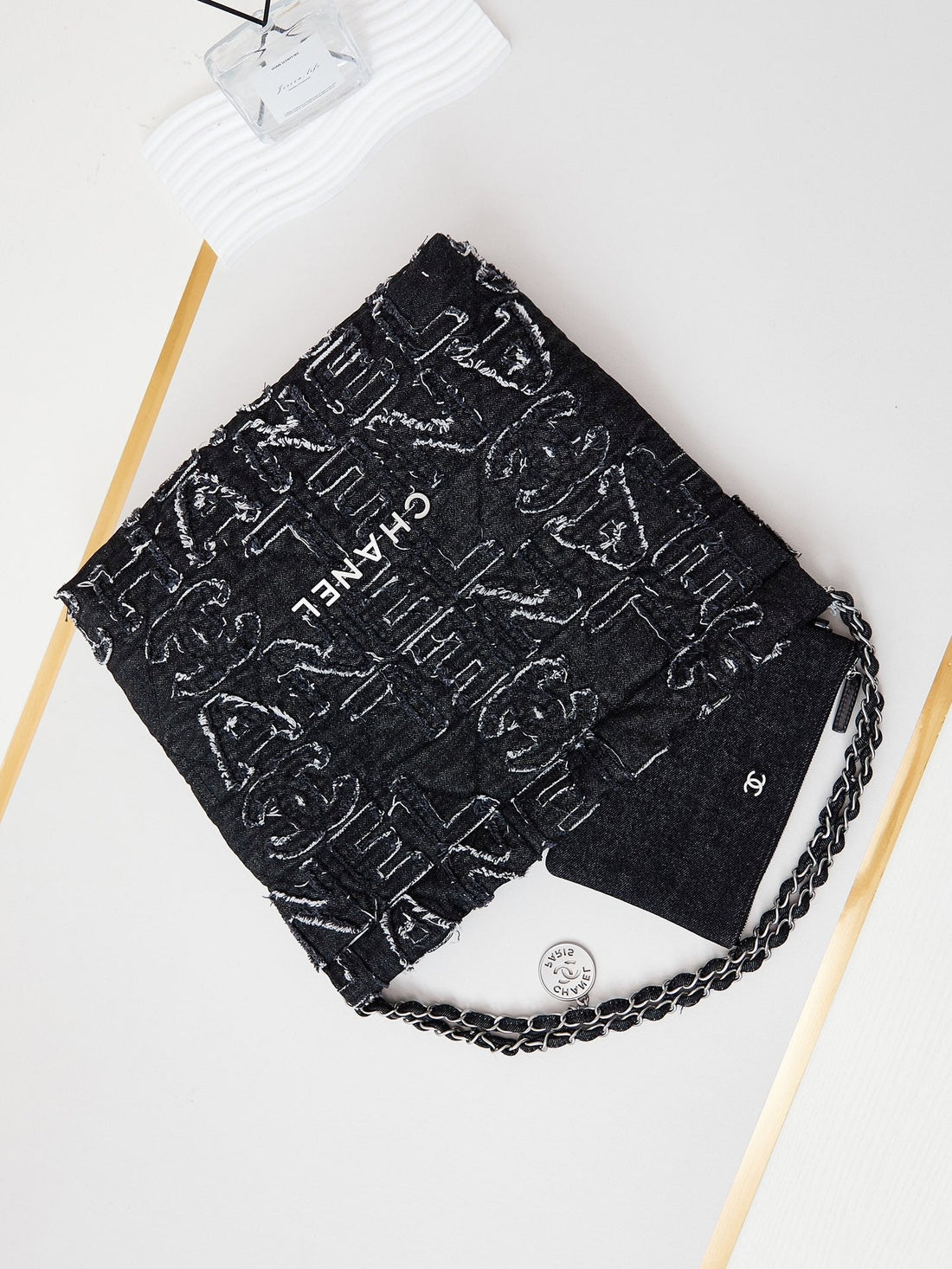 24A CC 22 Hobo Bag Black Denim Silver Hardware