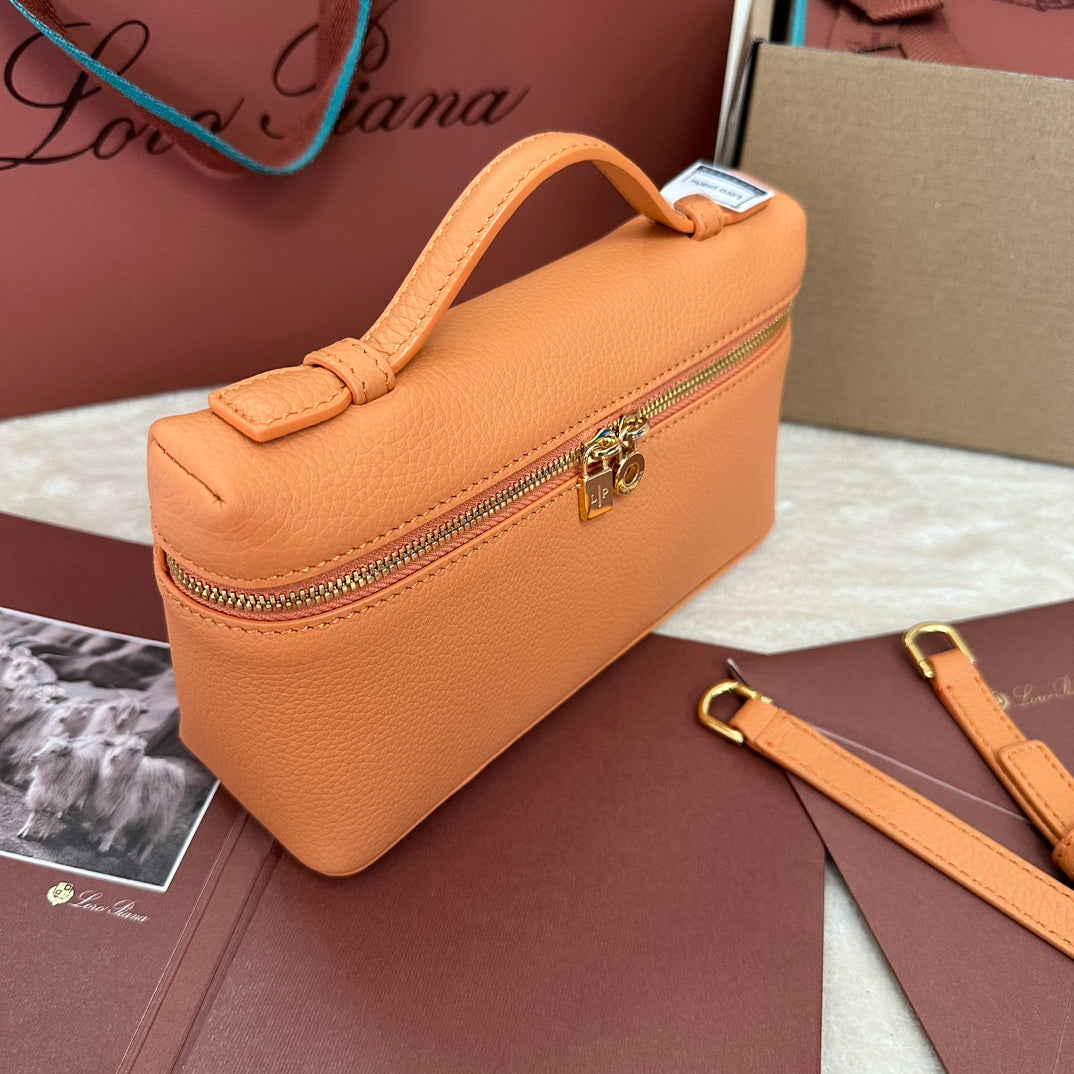 Extra Pocket L19 In Mango Orange Grained Calfskin With Gold Hardware