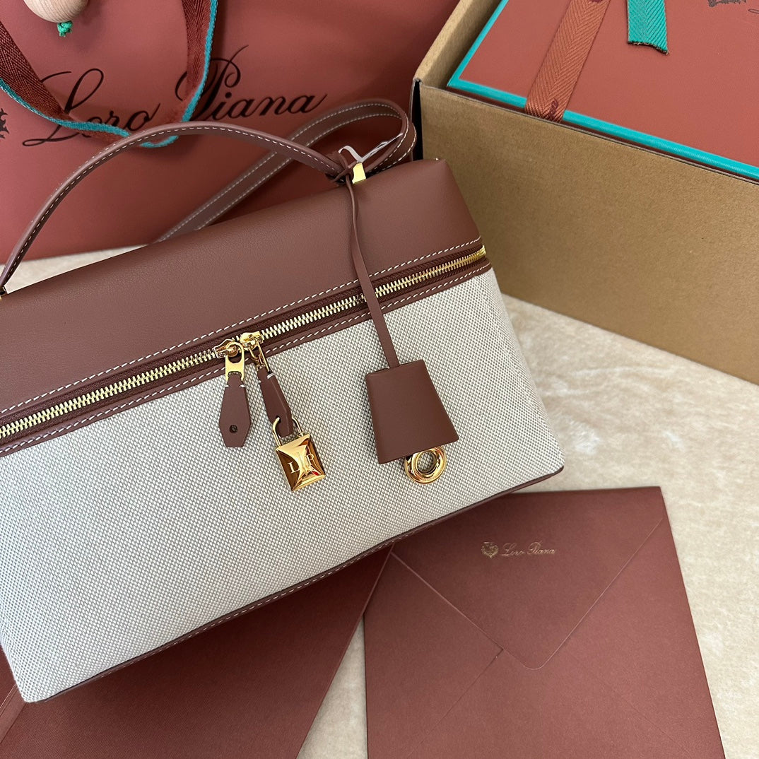 Extra Bag L27 In White Canvas And Red Brown Calfskin With Gold Hardware