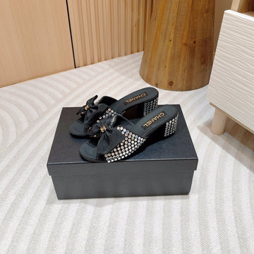 CC High Heel Black Satin With White Rhinestones