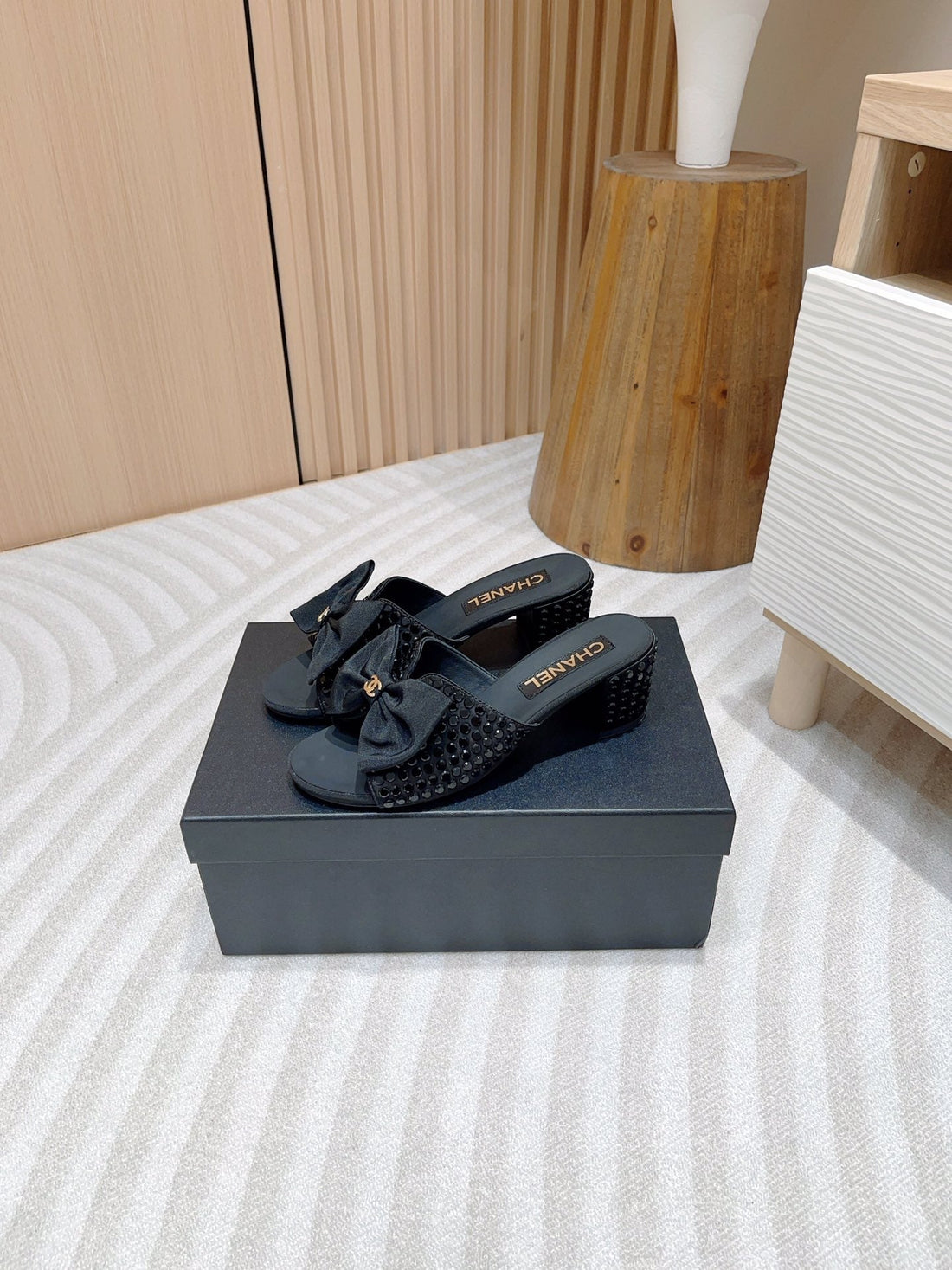 CC High Heel Black Satin With Rhinestones