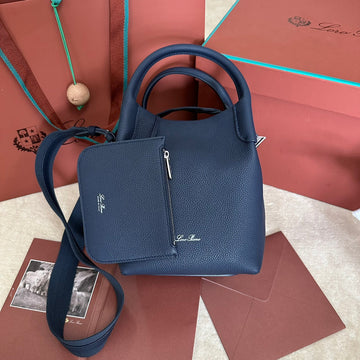 Small 21 Bale Bag In Navy Blue Grained Calfskin With Silver Hardware