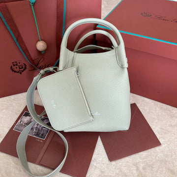 Small 21 Bale Bag In Pearl Gray Grained Calfskin With Silver Hardware