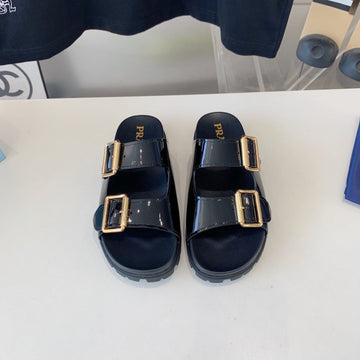 Pra Strap Slides Sandals Glossy Black Calfskin