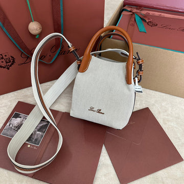 Micro Bale Bag In White Canvas And Bronze Brown Calfskin