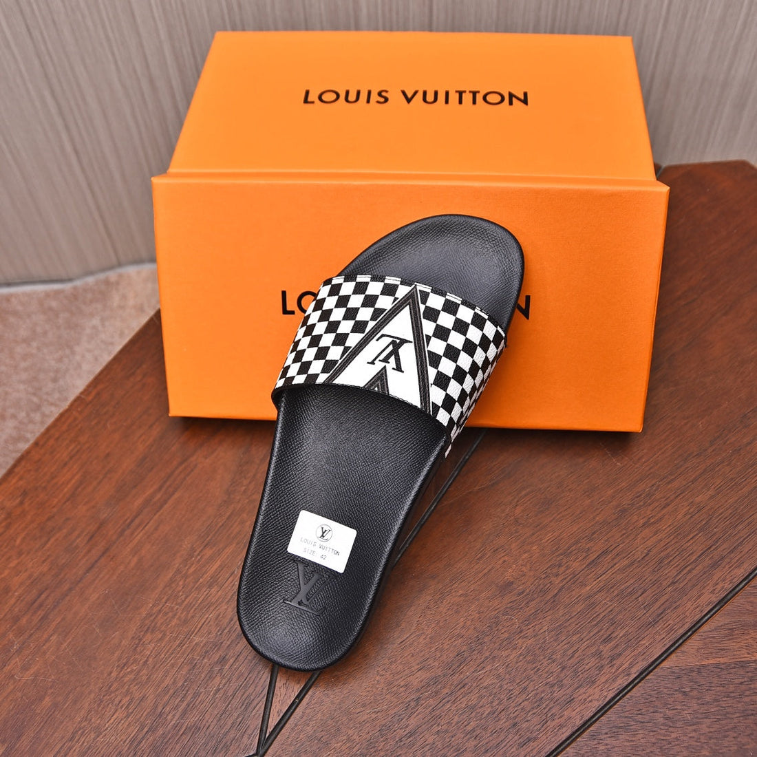 LV Slippers In Black Mix White Damier Calfskin With White Logo