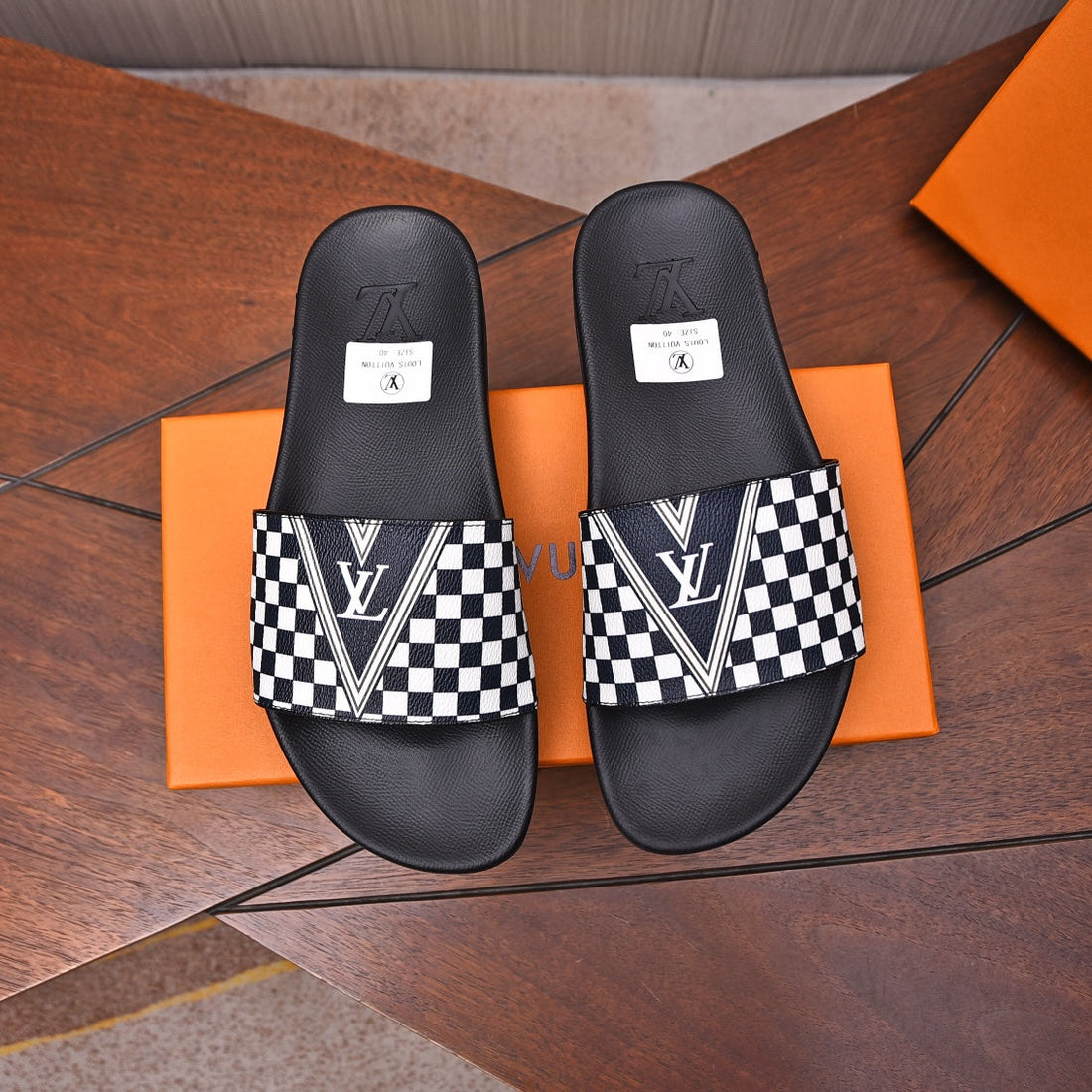 LV Slippers In Black Mix White Damier Calfskin
