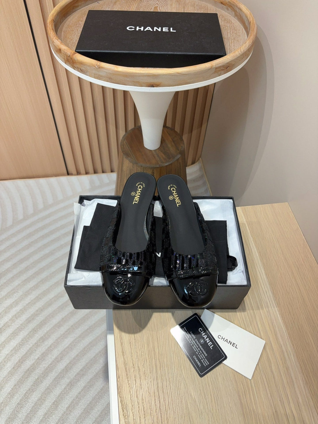 CC Mule Black Tweed Sequin Black Patent Calfskin