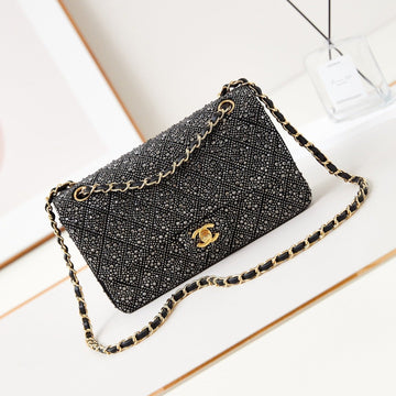 24B Medium Flap Bag 25CM Black Lambskin Silver Diamond