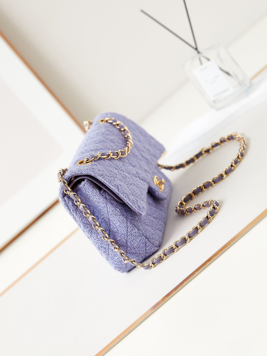 24P Medium Flap Bag 25CM Purple Blue Tweed Gold Hardware