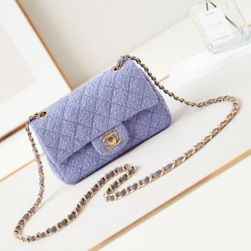24P Small Flap Bag 20CM Purple Blue Tweed Gold Hardware