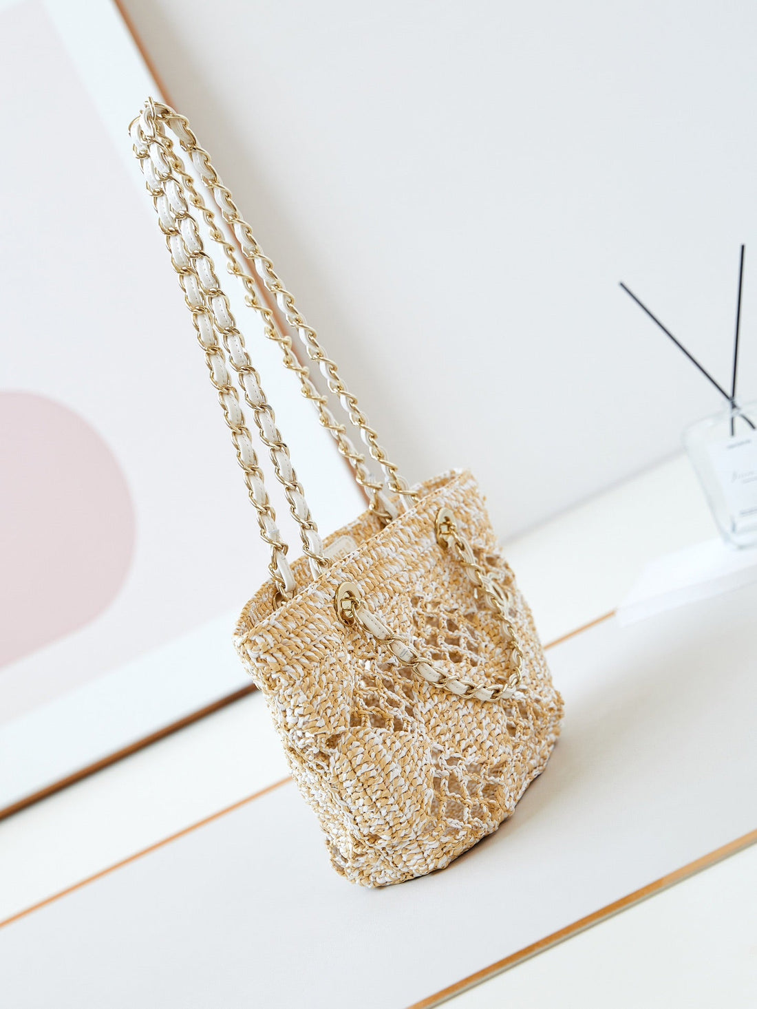CC Coco Beach Bag 32CM Beige Raffia White Leather