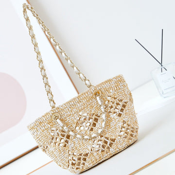CC Coco Beach Bag 32CM Beige Raffia White Leather
