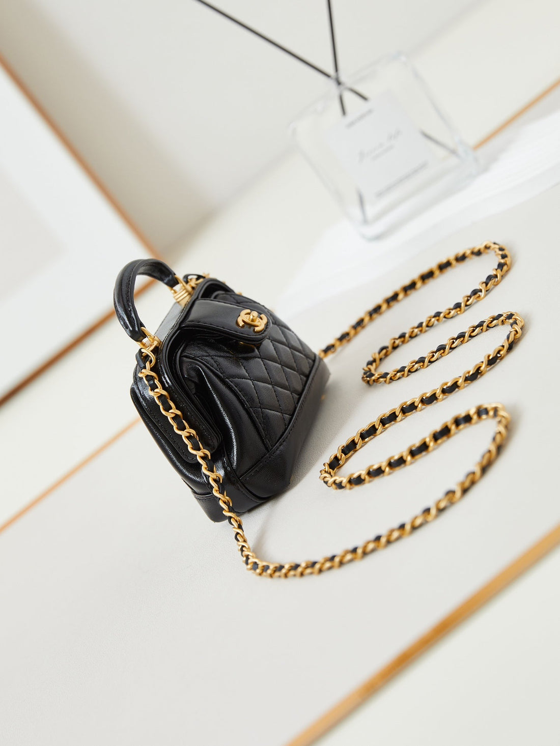 CC 24A Mini Top Handle 13CM Black Wax Leather Gold Hardware 238455