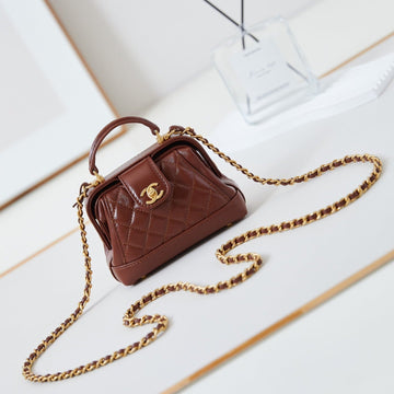 CC 24A Mini Top Handle 13CM Brown Wax Leather Gold Hardware 238463