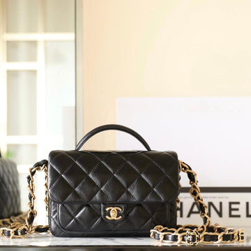CC 24A Flap Bag 20CM Top Handle Black Lambskin Gold Hardware