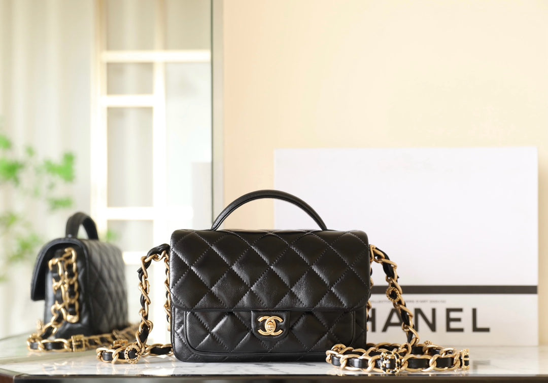 CC 24A Flap Bag 20CM Top Handle Black Lambskin Gold Hardware