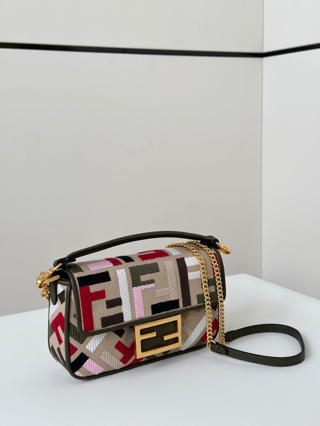 Baguette Canvas 19 Bag With Multicolour Ff Embroidery Gold Hardware