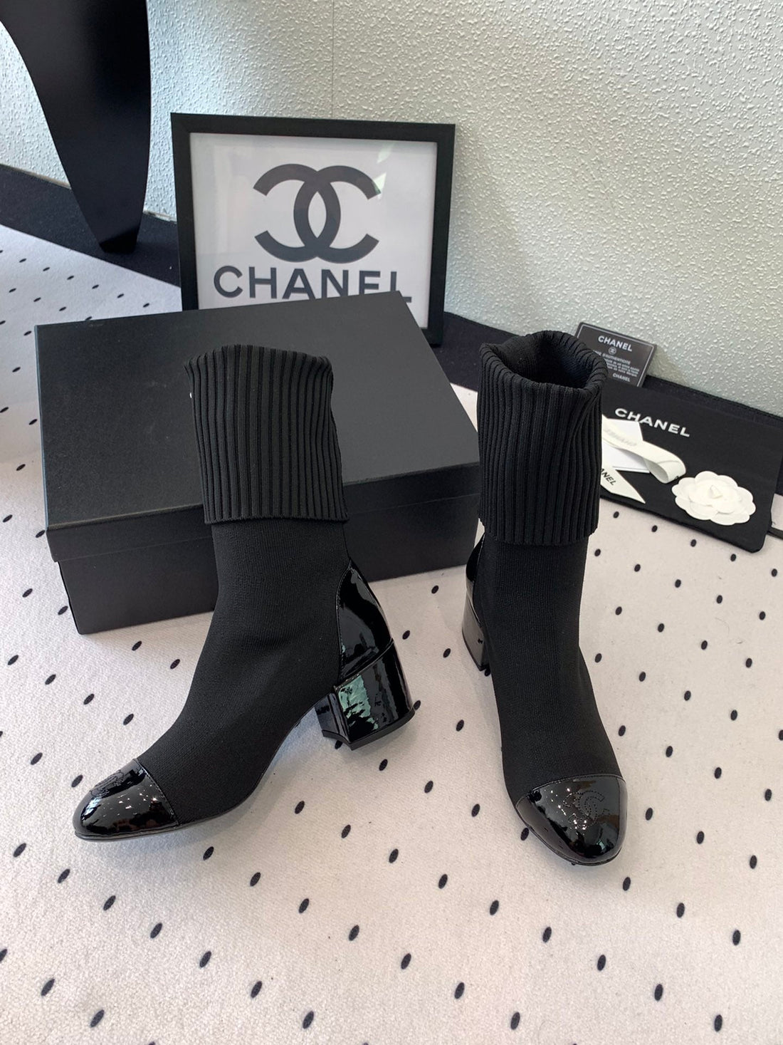 CC Short Boots 55MM Black Wool Mix Glossy Cowhide 938066