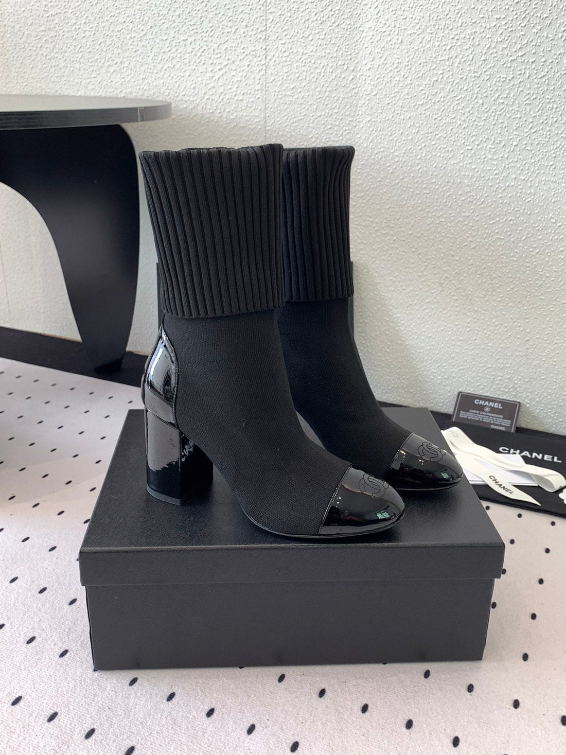 CC Short Boots 85MM Black Wool Mix Glossy Cowhide 938068
