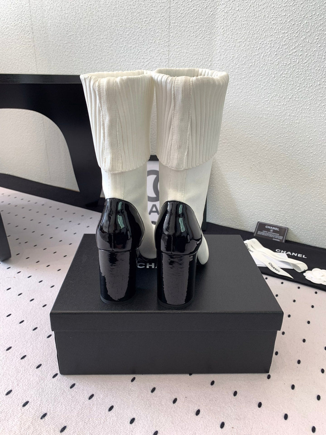 CC Short Boots 85MM White Black Wool Mix Glossy Cowhide 938069