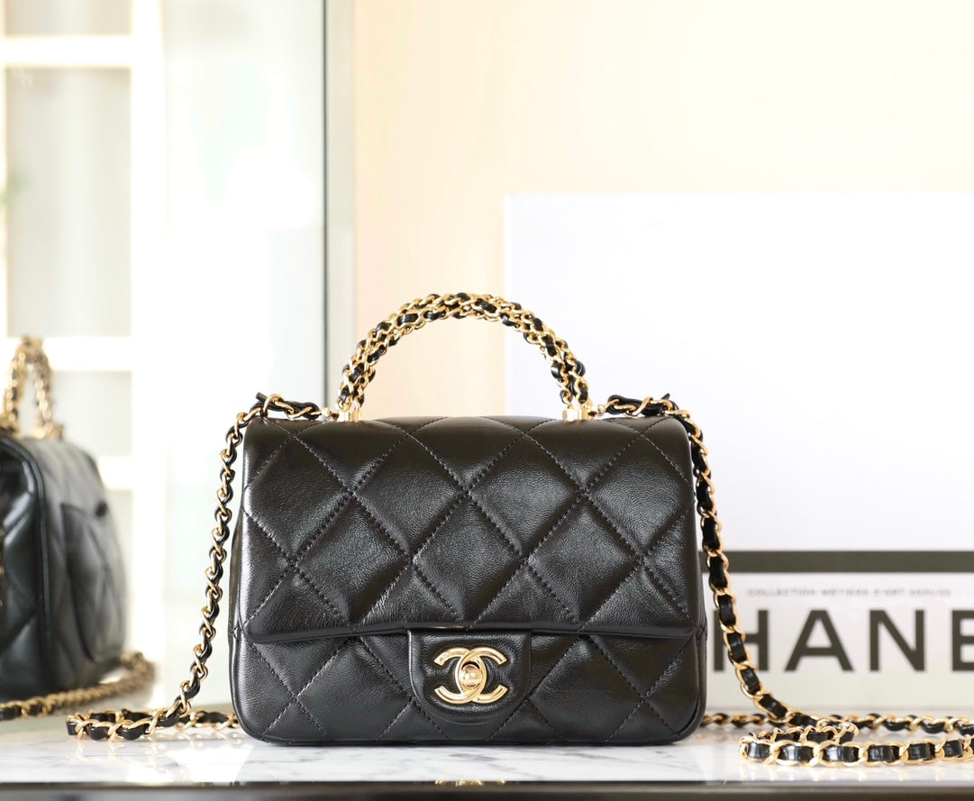 24B Mini Flap Bag With Top Handle 19CM Black Lambskin