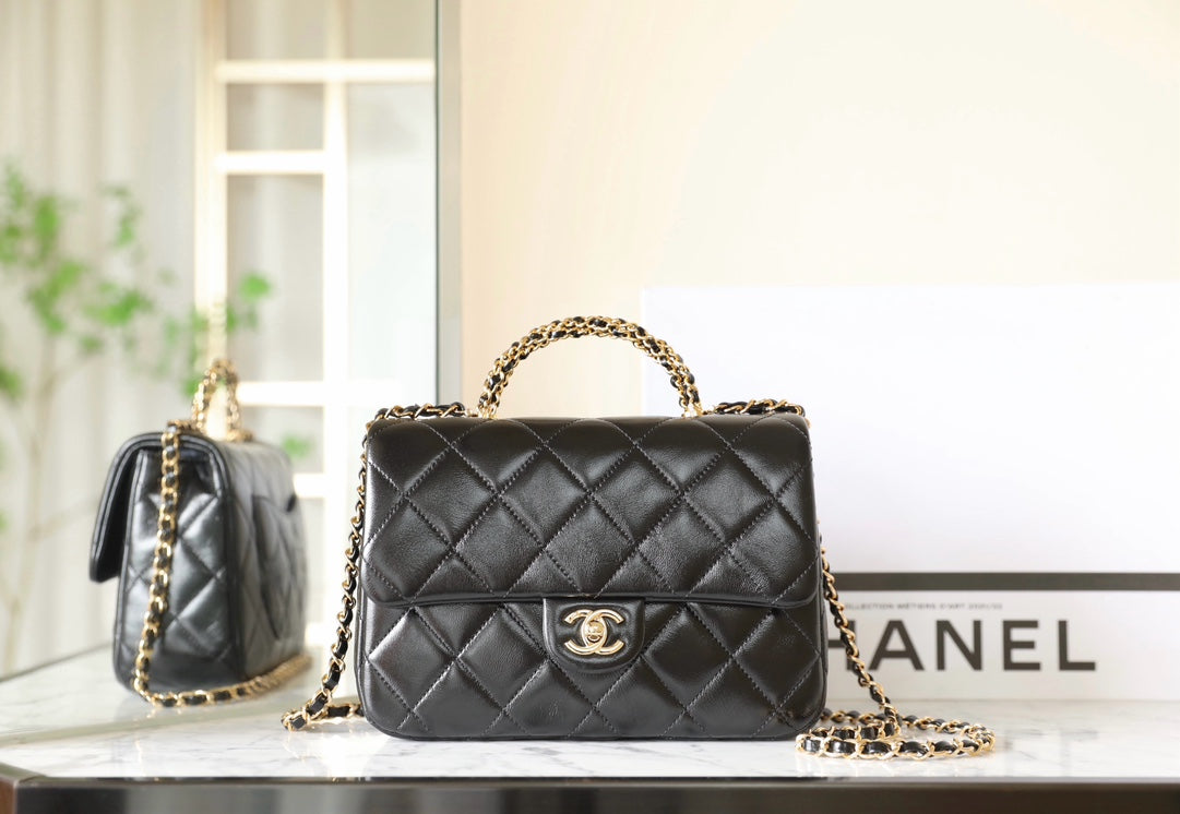 24B Small Flap Bag With Top Handle 25CM Black Lambskin