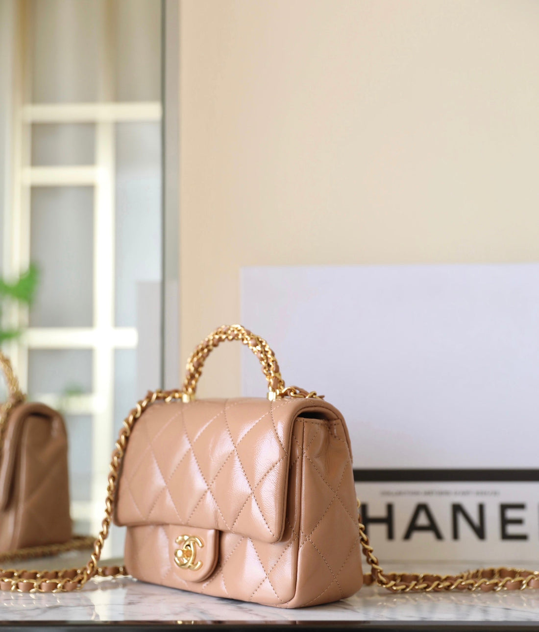24B Mini Flap Bag 19CM Top Handle Beige Lambskin