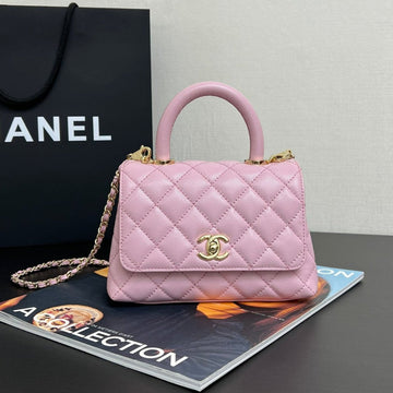 Coco Handle Flap Bag 19CM Pink Grained Calfskin Gold Hardware