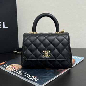 Coco Handle Flap Bag 19CM Black Grained Calfskin Gold Hardware