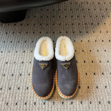Prada 25S Furry Half-Cover Slippers Gray Suede And Wool 538427